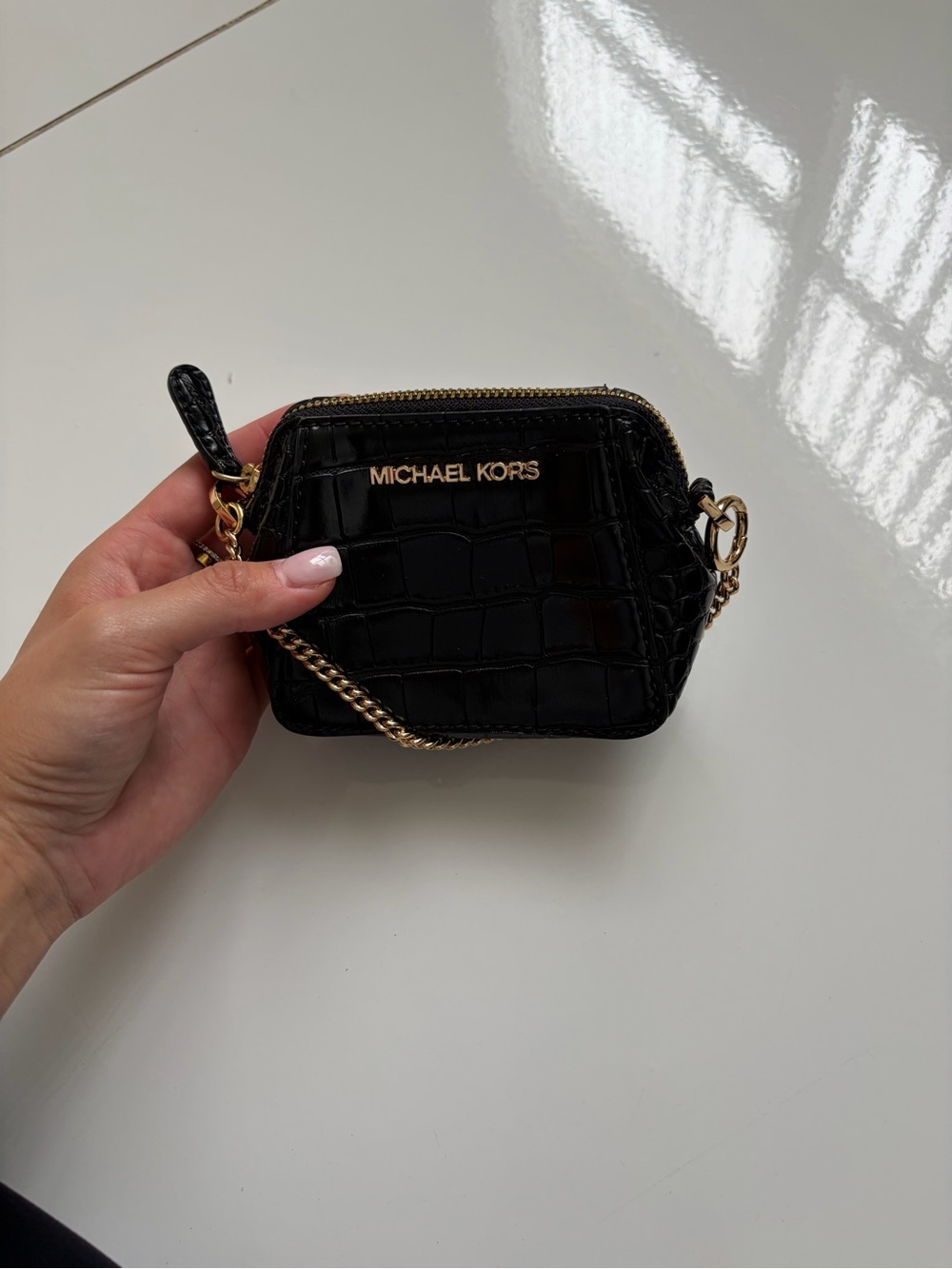 Michael Kors Black Croc-Embossed super Mini hand purse with Gold Hardware - Picture 6 of 6